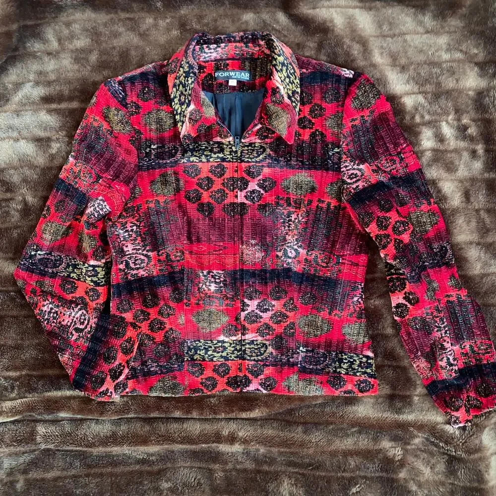 Forwear NY S‎ Deep Red/Magenta/Pink/Black Patterned Velour Short Waist Jacket